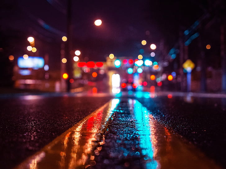 notte, piovoso, strada, bagnato, Sfondo HD