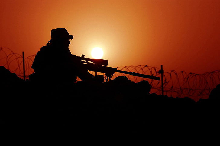 silhouette of sniper illustration, Military, Sniper, Silhouette, Sunset, HD wallpaper