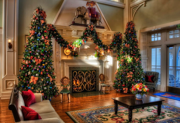 christmas trees, holiday, decorations, fireplace, home, comfort, interior, green christmas decor, christmas trees, holiday, decorations, fireplace, home, comfort, interior, HD wallpaper
