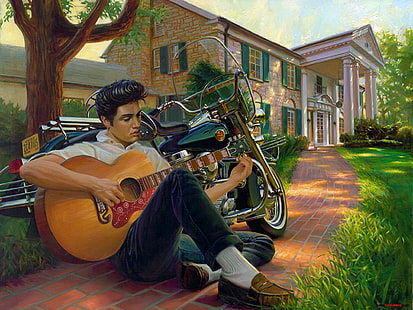 Sänger, Elvis Presley, Gitarre, Motorrad, Musik, Rock & Roll, The King, HD-Hintergrundbild HD wallpaper