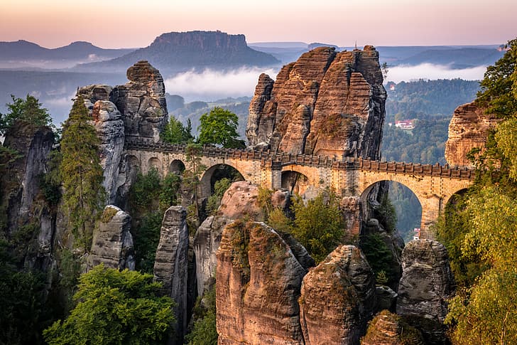 landscape, mountains, bridge, nature, rocks, vegetation, Germany, Saxon Switzerland, array, Bastei, HD wallpaper