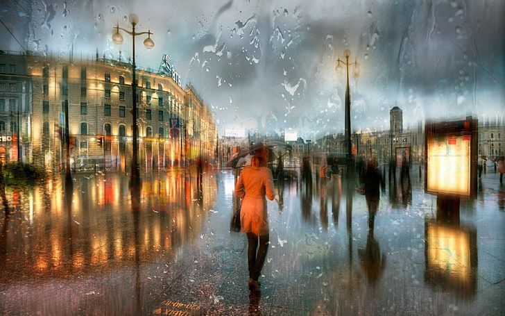 massa människor som står nära byggnad under regn, St Petersburg, människor, stad, regn, HDR, reflektion, HD tapet