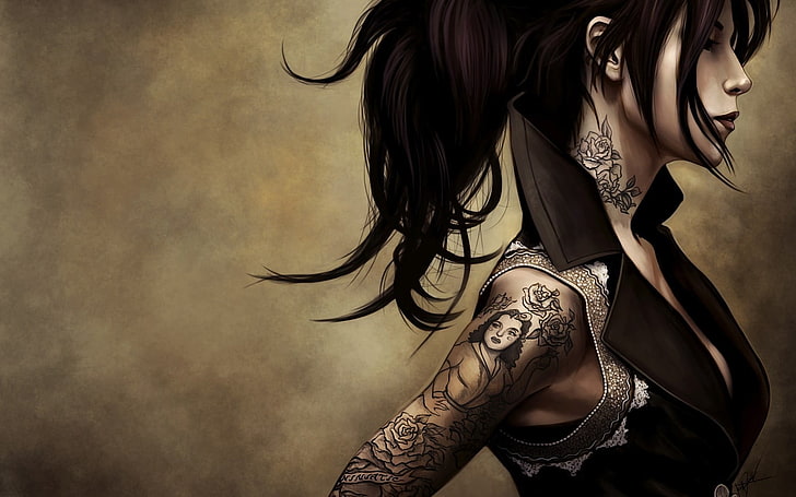 kvinna som bär svart toppmålning, kvinnor, tatuering, konstverk, digital konst, hästsvans, profil, enkel bakgrund, långt hår, HD tapet
