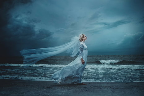 женщины, море, невесты, профиль, ветрено, HD обои HD wallpaper