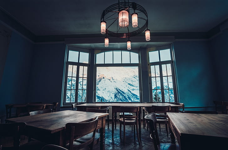 jendela, meja, gunung, puncak bersalju, Wallpaper HD
