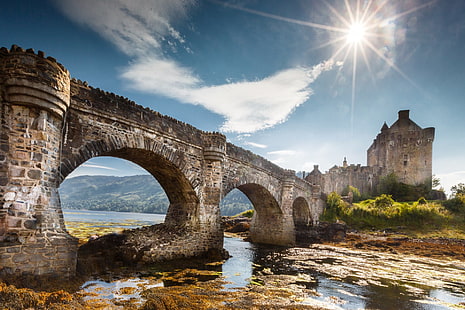 Castelos, castelo eilean donan, ponte, castelo, escócia, raio sol, HD papel de parede HD wallpaper