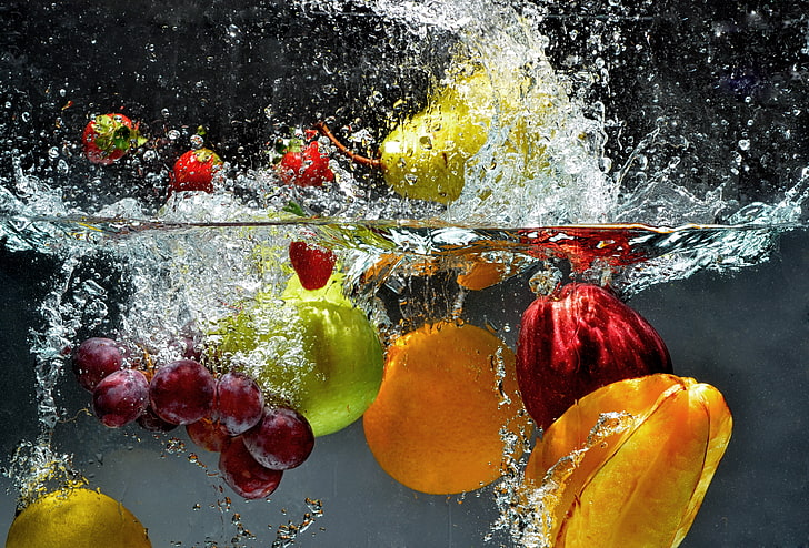 frutas sortidas, água, esguicho, bagas, frutas, HD papel de parede