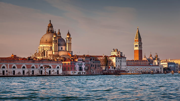 venice, church, santa maria della salute, skyline, piazza san marco, building, tower, grand canal, italy, waterway, tourist attraction, cityscape, city, canal, water, landmark, sky, HD wallpaper