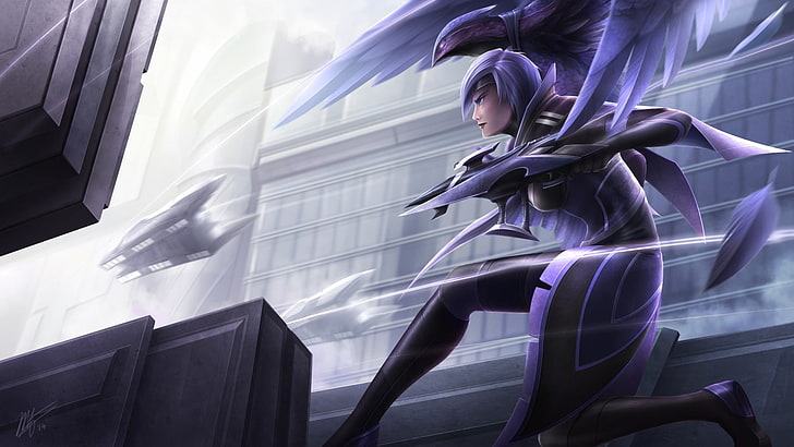 purple haired female anime character illustration, League of Legends, video game characters, Quinn and Valor, birds, DeviantArt, video games, HD wallpaper