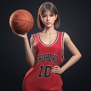 Euginnx_Wu, CGI, donne, asiatiche, bruna, capelli corti, abbigliamento sportivo, abbigliamento rosso, basket, sfondo semplice, Sfondo HD HD wallpaper