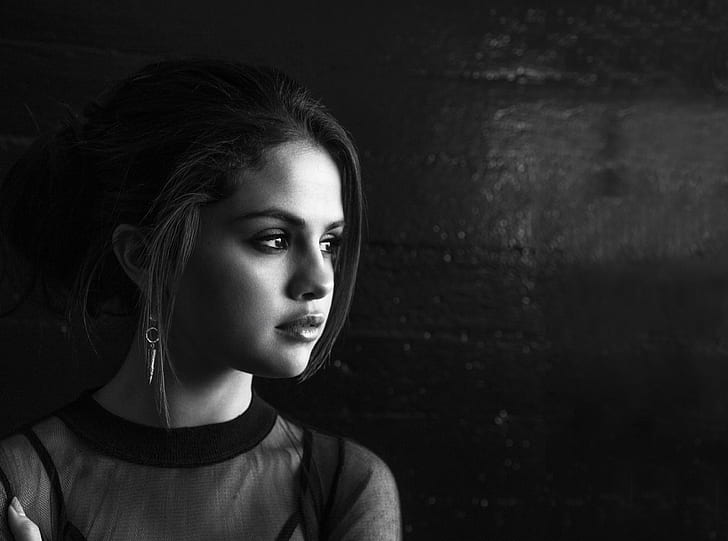 retrato, preto e branco, celebridade, Selena Gomez, HD papel de parede