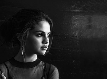 retrato, preto e branco, celebridade, Selena Gomez, HD papel de parede HD wallpaper
