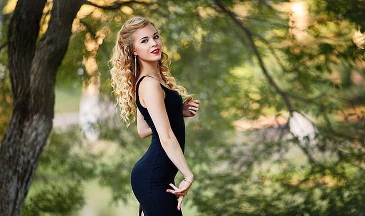 look, trees, branches, nature, pose, Park, background, model, portrait, makeup, figure, dress, hairstyle, blonde, beauty, is, in black, bokeh, sexy, Sergey Baryshev, HD wallpaper