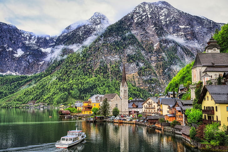 mountains, lake, building, home, Austria, Alps, Church, town, boat, ship, Hallstatt, Lake Hallstatt, HD wallpaper