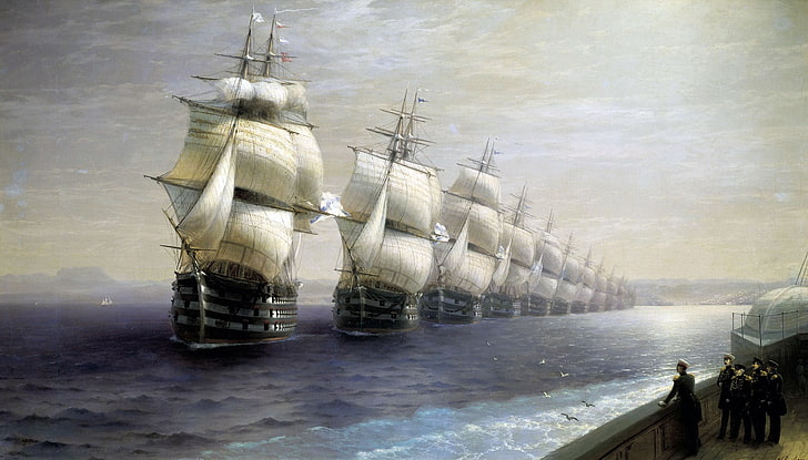 galleon boats painting, sailing ship, water, sea, painting, Ivan Konstantinovich Aivazovsky, soldier, sailor, men, artwork, classic art, clouds, birds, HD wallpaper