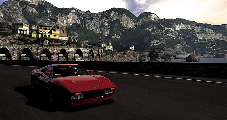 Supercoche rojo en carretera gris con vista del puente de hormigón gris, Ferrari, Ferrari GTO, Forza Motorsport 4, coche, Fondo de pantalla HD