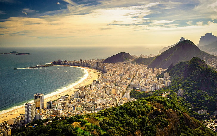 città e montagne, città, Rio de Janeiro, Copacabana, spiaggia, paesaggio urbano, mare, montagne, Sfondo HD
