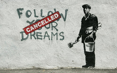 Banksy, graffiti, painting, men, typography, HD wallpaper HD wallpaper