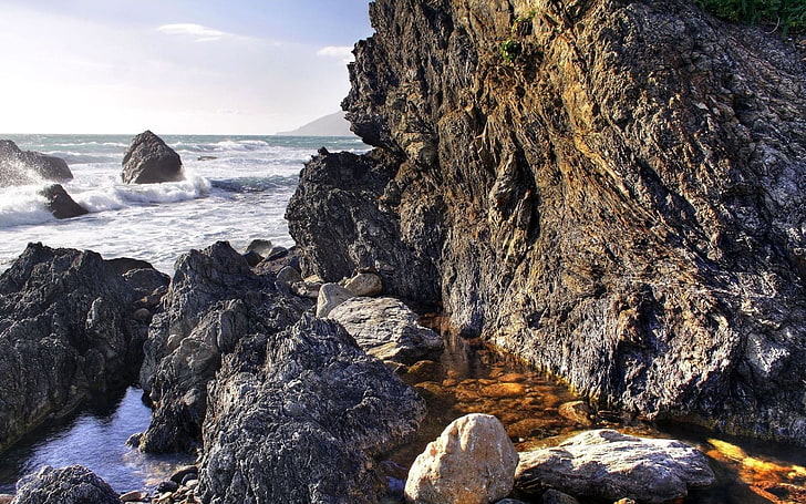 brown rocks, rocks, surf, sea, coast, HD wallpaper