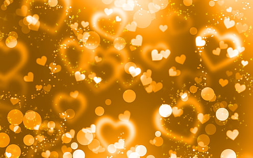 carta da parati cuori arancioni, bagliore, cuori, luci, glitter, oro, Sfondo HD HD wallpaper