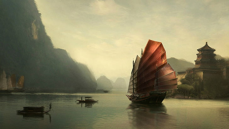 Cina, kapal layar, refleksi, kastil, gunung, karya seni, seni fantasi, kapal, lukisan, Wallpaper HD