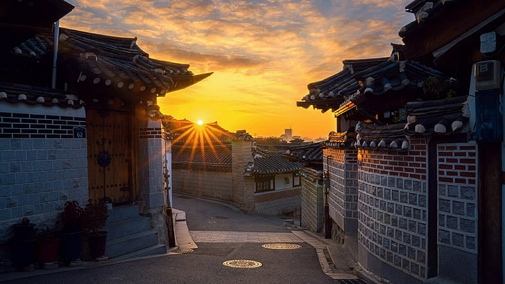 street view, sky, shrine, bukchon, village, south korea, jongmyo shrine, seoul, hanok, asia, sunlight, cloud, building, historic site, street, HD wallpaper