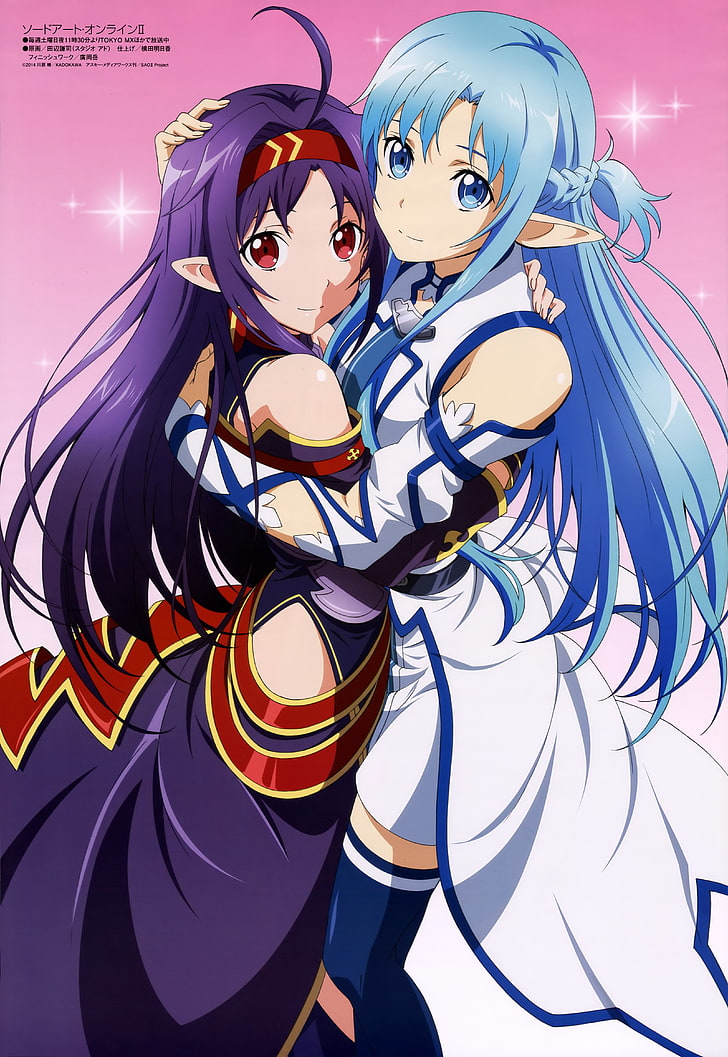 dua karakter anime wanita berambut ungu dan biru, Sword Art Online, Yuuki Asuna, Konno Yuuki, Alfheim Online, Wallpaper HD, wallpaper seluler