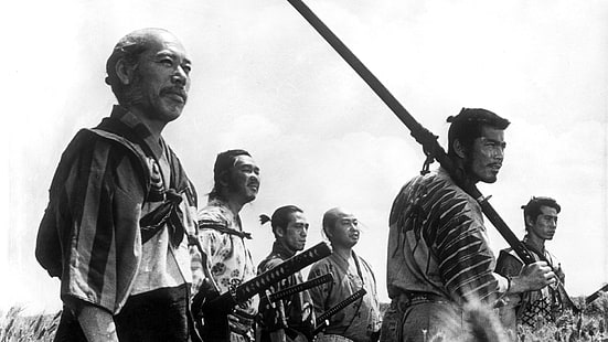 grupa samurajów zdjęcie w skali szarości \, siedmiu samurajów, filmy, Akira Kurosawa, monochromatyczne, sceny filmowe, Tapety HD HD wallpaper