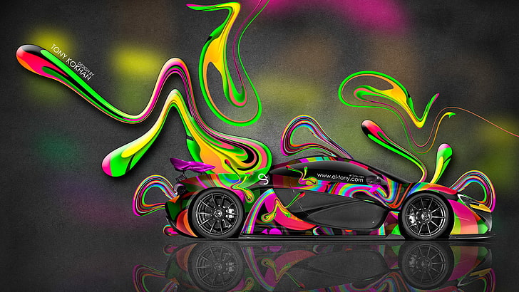 зеленый и розовый купе, McLaren, машина, яркий, стиль, обои, абстракция, фотошоп, обои, сторона, 2014, красочные, эль тони кар, тони кохан, аэрография, аэрография, вид сбоку, разноцветные, пластик, HD обои