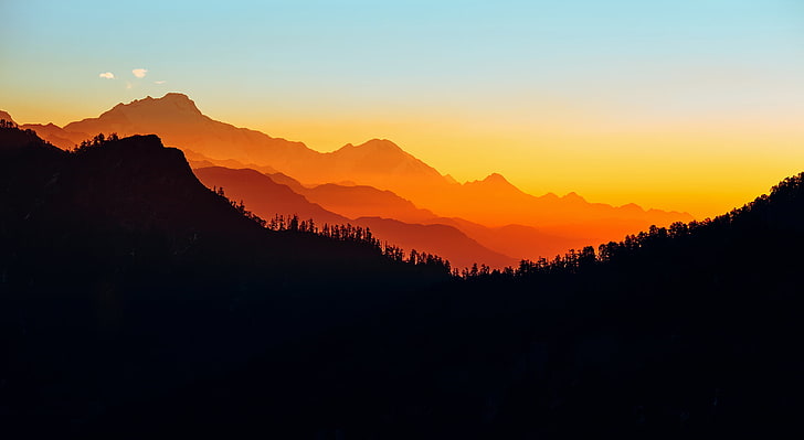silhouette, chaîne de montagnes, montagnes, népal, coucher soleil, paysage, Fond d'écran HD