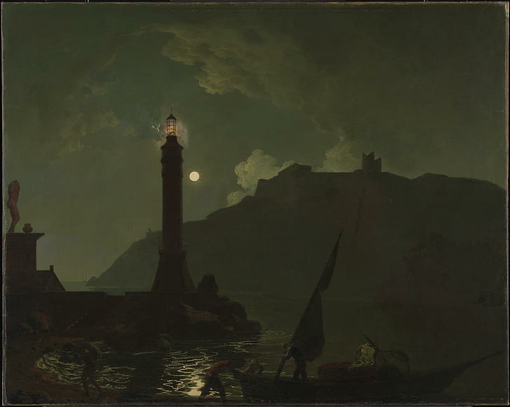 1797年、トスカーナ海岸の灯台のある月明かり？、 HDデスクトップの壁紙