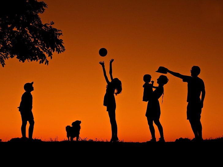 silhouette of person playing ball, joy, children, family, silhouettes, HD wallpaper