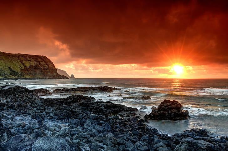 Ilha de Páscoa, beira-mar e pedras cinza, rochas, amanhecer, Ilha de Páscoa, oceano, Região de Valparaíso, CL, Polinésia, HD papel de parede