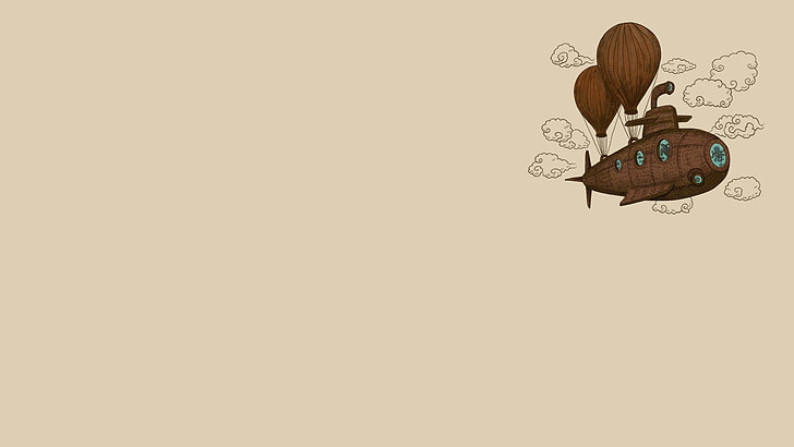 balloons, clouds, minimalistic, octopuses, reality, reversed, steampunk, u boat, HD wallpaper