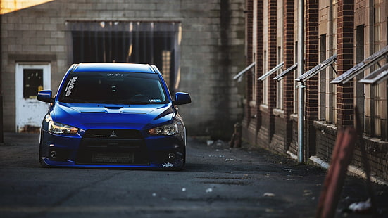 синя кола Mitsubishi, синя, Mitsubishi, Mitsubishi Lancer Evo X, JDM, Stance, кола, HD тапет HD wallpaper