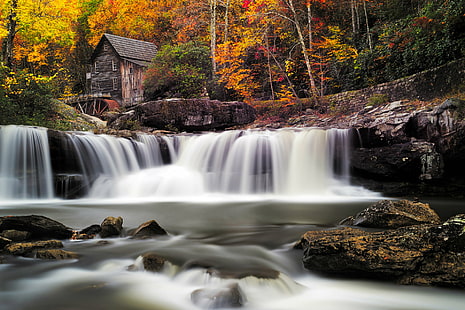timelapse photography of waterfalls near brown wooden house, Grist Mill, timelapse photography, waterfalls, house, babcock state park, west, fall, autumn, southeast, waterfall, nature, forest, stream, river, tree, leaf, water, falling, freshness, beauty In Nature, rock - Object, scenics, outdoors, landscape, tropical Rainforest, HD wallpaper HD wallpaper