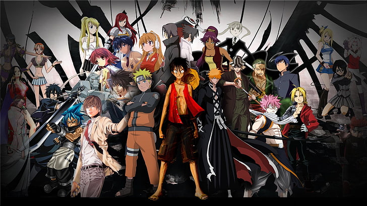 Crossover, Erza Scarlet, Lucy Heartfilia, Singe D. Luffy, Nami (One Piece), Naruto Uzumaki, Natsu Dragneel, Sakura Haruno, Fond d'écran HD