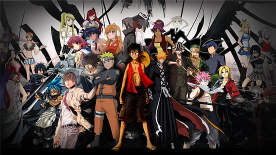 Anime, Crossover, Erza Scarlet, Ichigo Kurosaki, Lucy Heartfilia, Monkey D. Luffy, Nami (One Piece), Naruto Uzumaki, Natsu Dragneel, Sakura Haruno, HD wallpaper HD wallpaper