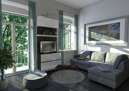 секционен диван от сив плат, интериор, дизайн, стил, дом, хол, HD тапет HD wallpaper