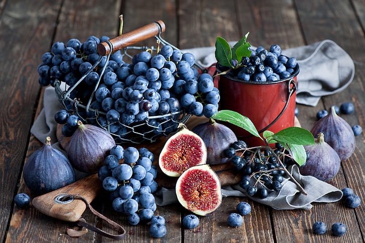 jesień, jagody, borówki, winogrona, martwa natura, kiście, figi, Anna Verdina, Tapety HD