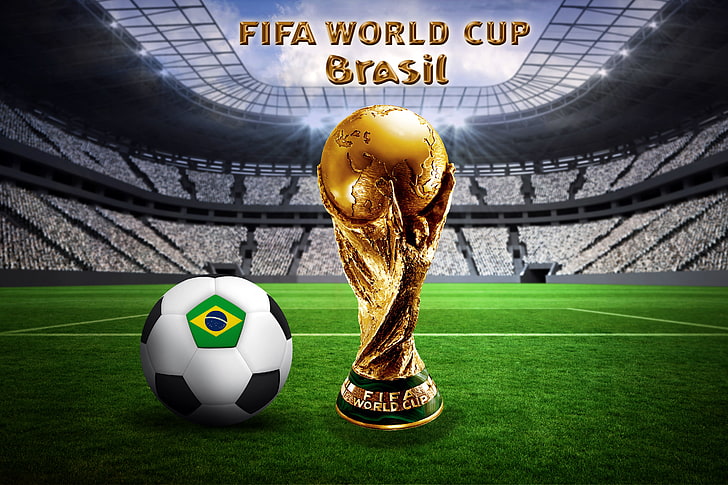 football, the ball, Brazil, stadium, flag, ball, World Cup, Brasil, FIFA, 2014, golden trophy, HD wallpaper