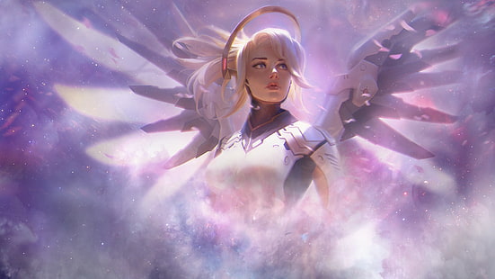 персонаж аниме, фэнтезийная броня, ангел, крылья, фэнтезийная девушка, Мерси (Overwatch), HD обои HD wallpaper