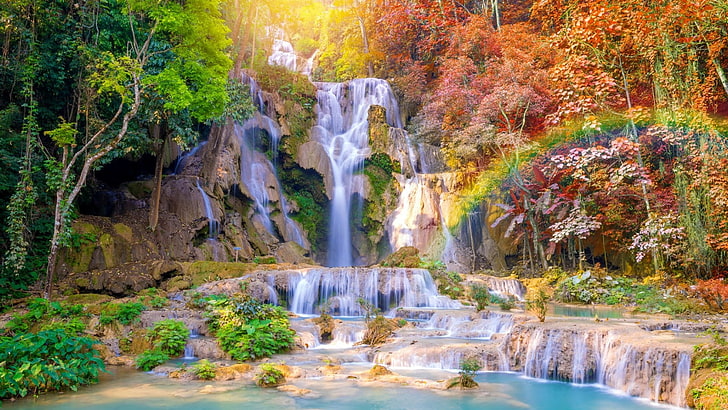 vattenfall, natur, vattensamling, vegetation, vatten, kuang si falls, laos, luang prabang, asien, dammar, ränna, solljus, fantastiskt, spektakulärt, ström, vackert, HD tapet