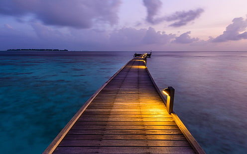 brown wooden bridge, nature, landscape, clouds, dock, sea, lights, island, sunset, Maldives, walkway, calm, tropical, pier, HD wallpaper HD wallpaper