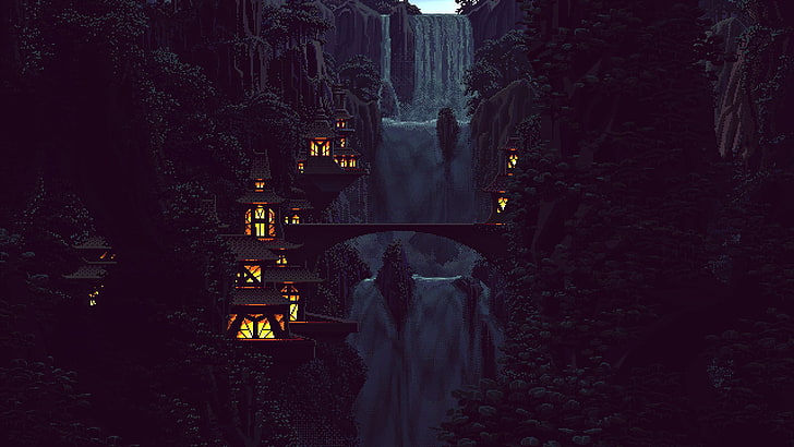 silhouette of forest near body of water during nighttime, digital art, pixel art, pixels, 8-bit, nature, waterfall, trees, forest, Chinese architecture, house, lights, mountains, rock, hills, HD wallpaper