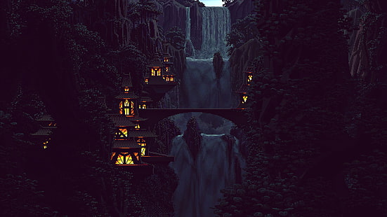 siluet hutan dekat badan air pada malam hari, seni digital, seni pixel, piksel, 8-bit, alam, air terjun, pohon, hutan, arsitektur Cina, rumah, lampu, pegunungan, batu, bukit, Wallpaper HD HD wallpaper