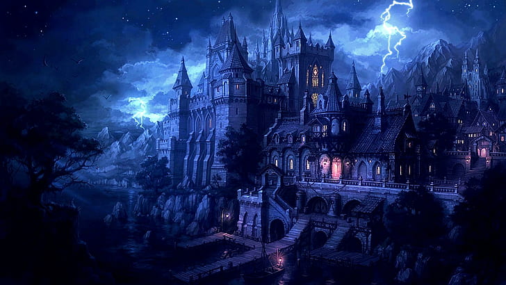 Thunder Lightning, castle, color, beautiful, dark, colors, ship, lightning, fantasy, splendor, amazing, blue, nigh, HD wallpaper