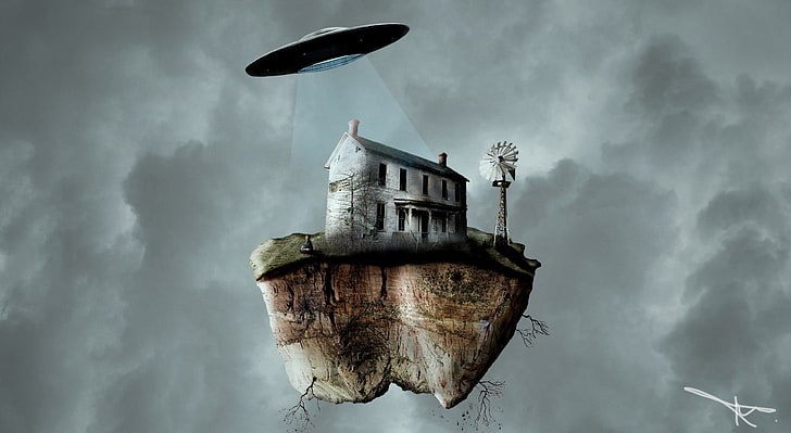 Alleine, UFO mit fliegender Hausillustration, Aero, Kreativ, blackandwhitecool, verlassen, Haus, Jahrgang, oldschool, Kind, Weltraum, Himmel, Insel, schwimmend, allein, fremd, HD-Hintergrundbild