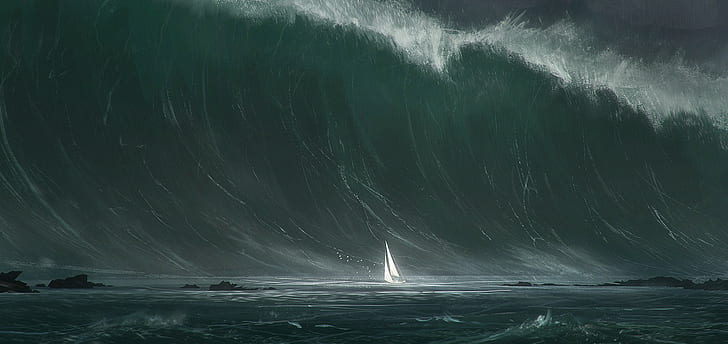 artwork, boat, waves, HD wallpaper