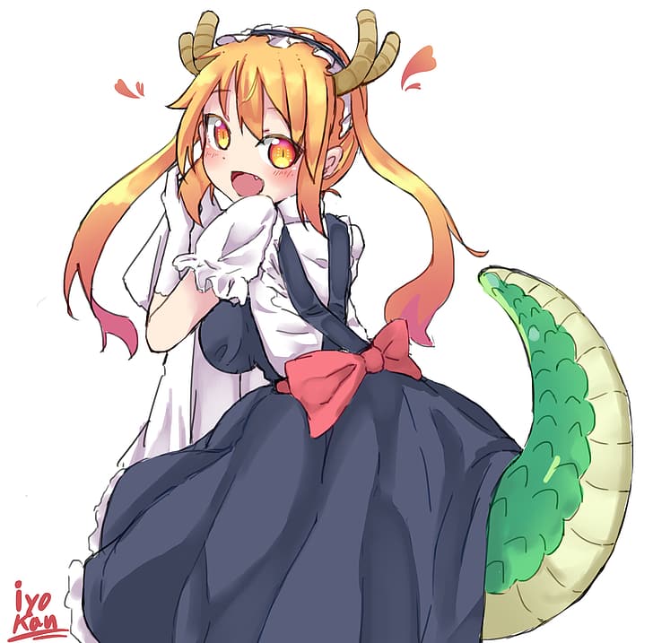 anime, anime girls, Tohru (Kobayashi-san Chi no Maid Dragon), Kobayashi-san Chi no Maid Dragon, 2D, drawing, digital art, blonde, blond hair, twintails, long hair, brown eyes, maid, horns, maid outfit, dragon girl, simple background, white background, tail, HD wallpaper